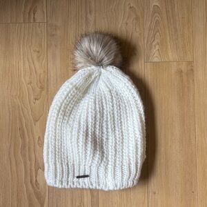 Grace Eleyae Ivory Knit Beanie with Faux Fur Pom